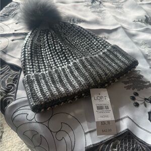 NWT Womens’ LOFT silver metallic Knit Pom-Pom Hat
